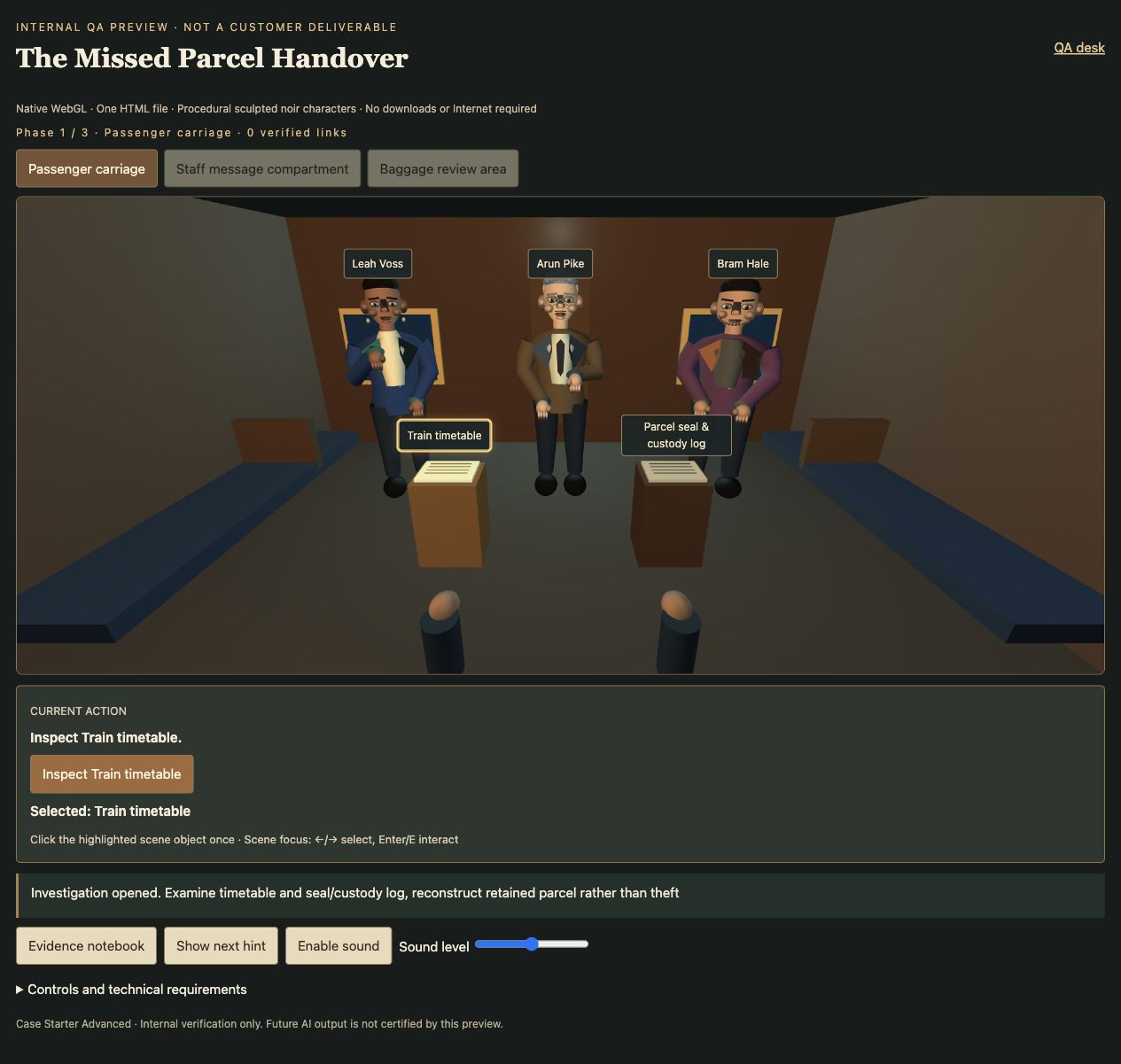 The Missed Parcel Handover internal demo running in a 3D passenger carriage, with Leah Voss, Arun Pike and Bram Hale, a highlighted Train timetable and the current inspection instruction.
