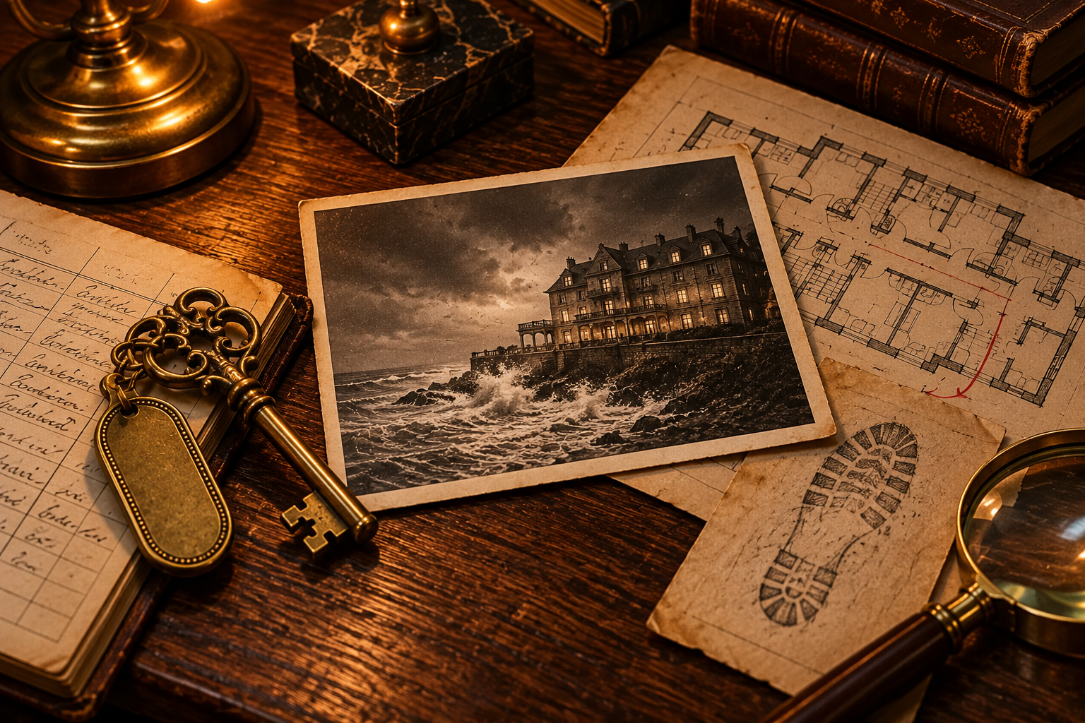 AI-created setting illustration: Stormbound seaside hotel photograph, room key and floor plan.