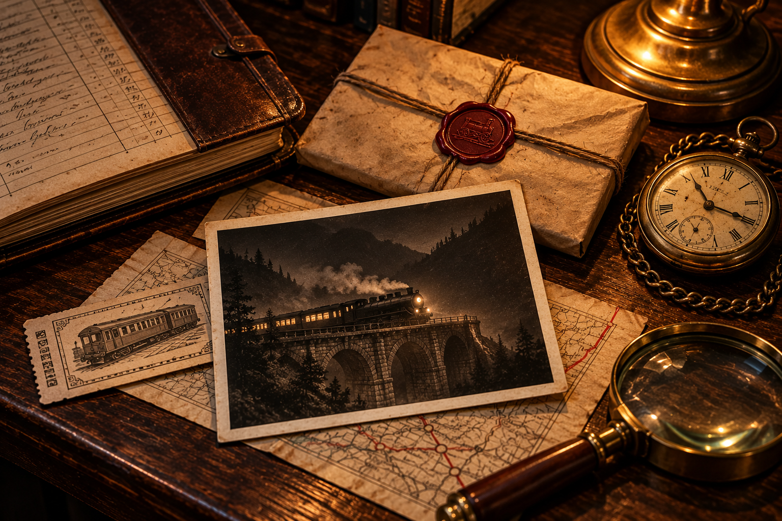 AI-created setting illustration: Mountain night train photograph, parcel, timetable and brass pocket watch.